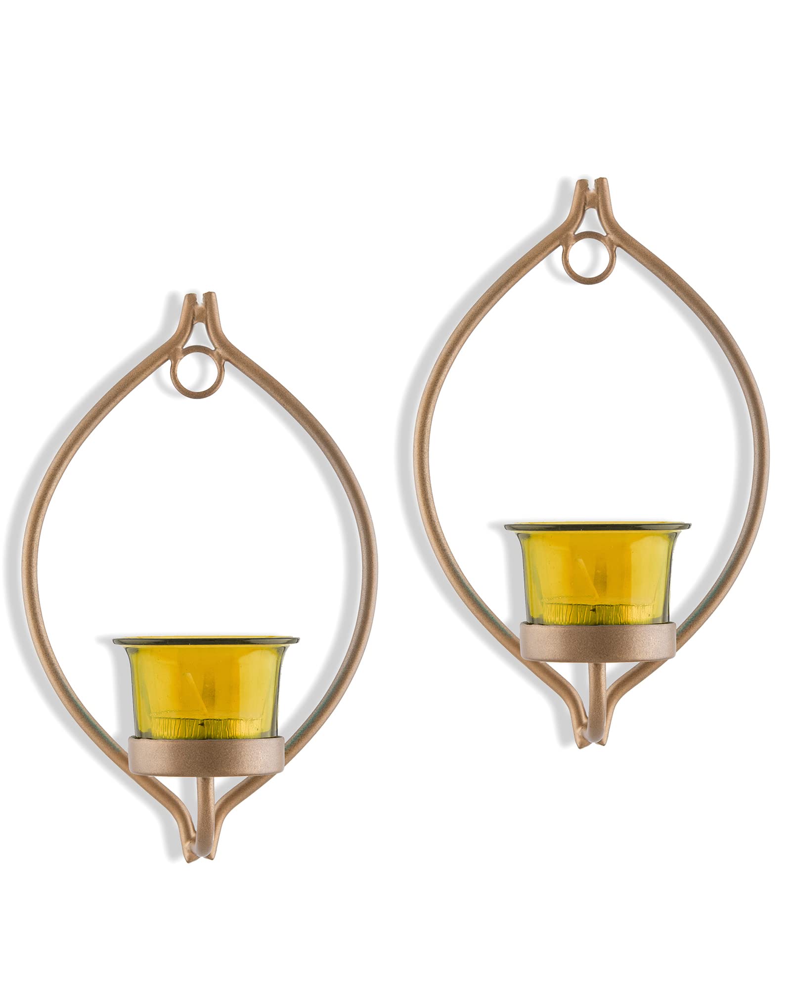 Homesake® Wall Candle Sconce Set of 2 with Glass Hurricane & Free Tealight Candles | Iron Wall Mounted Candle Holders for Living Room, Bedroom, Hallway, Home Decor | Eye Design, Yellow Gold & Black