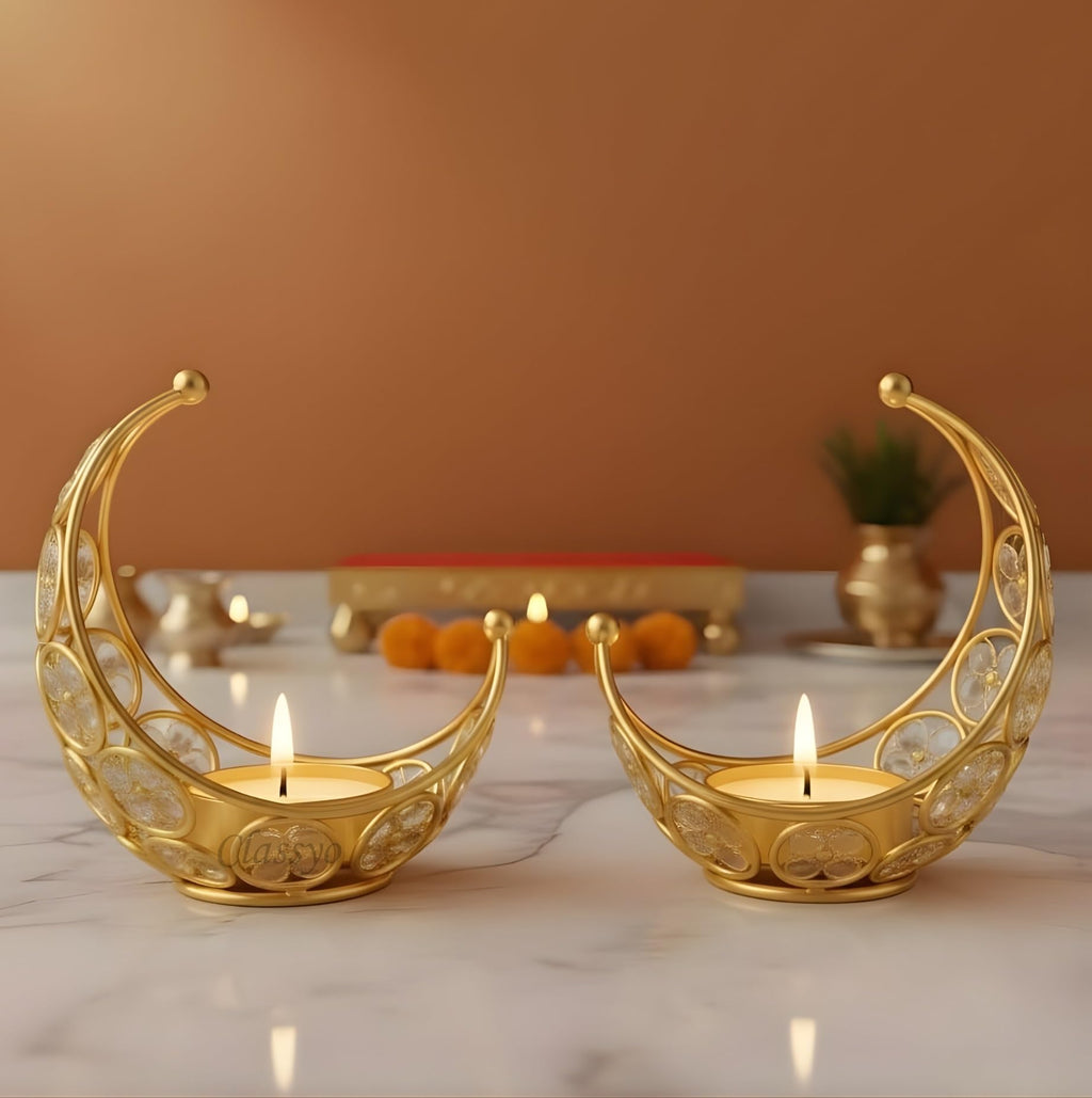 Classyo Moon Shaped Crystal Tea Light Candle Holders (Pack of 2) | Diwali Tealight Candle Holders | Metal Lantern | Tea Light Holders for Diwali, Pooja and Ramadan (Gold)