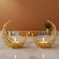 Classyo Moon Shaped Crystal Tea Light Candle Holders (Pack of 2) | Diwali Tealight Candle Holders | Metal Lantern | Tea Light Holders for Diwali, Pooja and Ramadan (Gold)