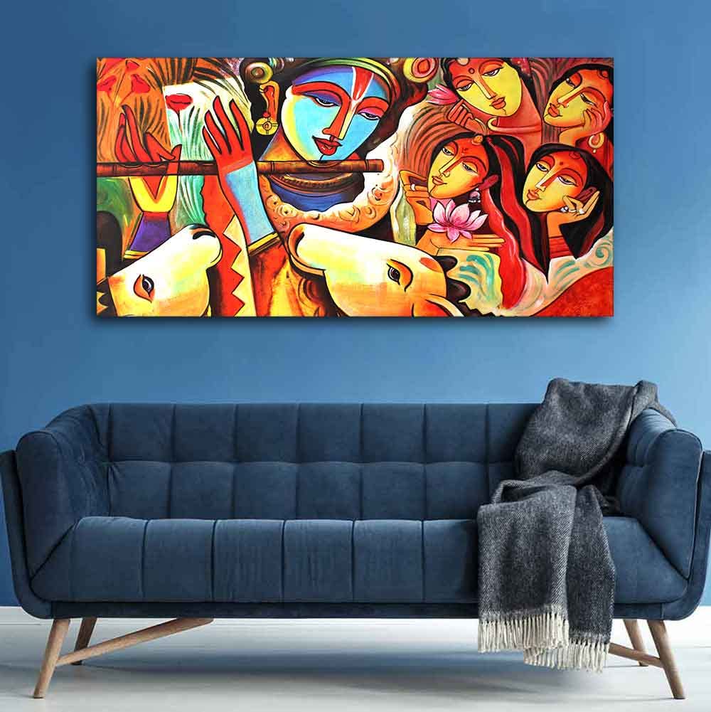 VIBECRAFTS Canvas Paintings for Living Room Drawing Room Radha Krishna Decorative Pattern Canvas Big Wall Painting Wall Art Fitted with Wooden Frame for Home|Office|Gift(PTVCH_2246)