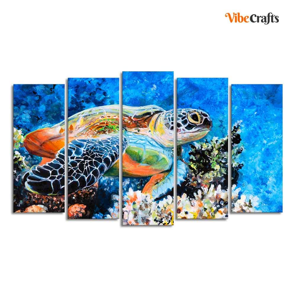 VIBECRAFTS Colorful Turtle Canvas Wall Painting Set of Five For Home|Office|Living Room|Gift (PTVC5Pcs2_6598)