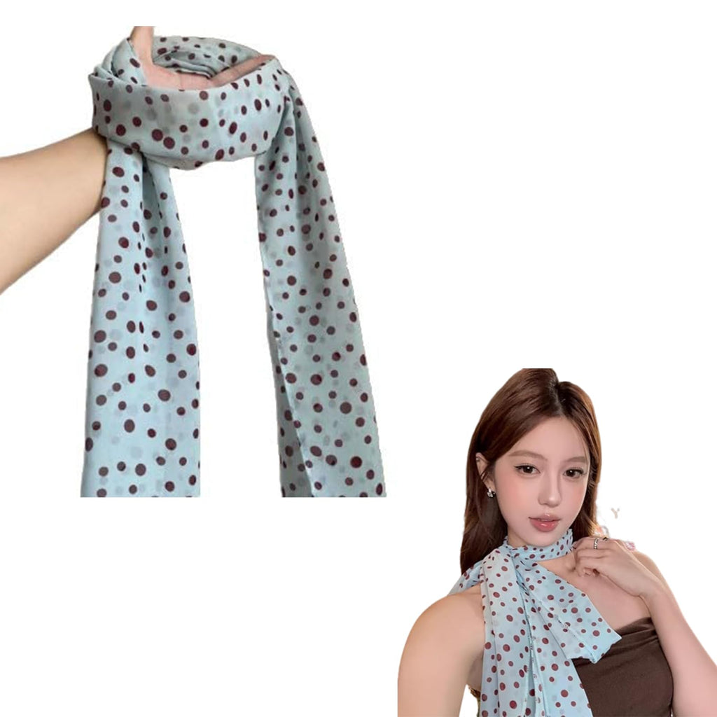 embroidery Silk Scarf, Stylish Scarf for Women, Elegant Silk Scarf for Women, Blue Brown Polka Dot Pattern, Lightweight Fashion Accessory