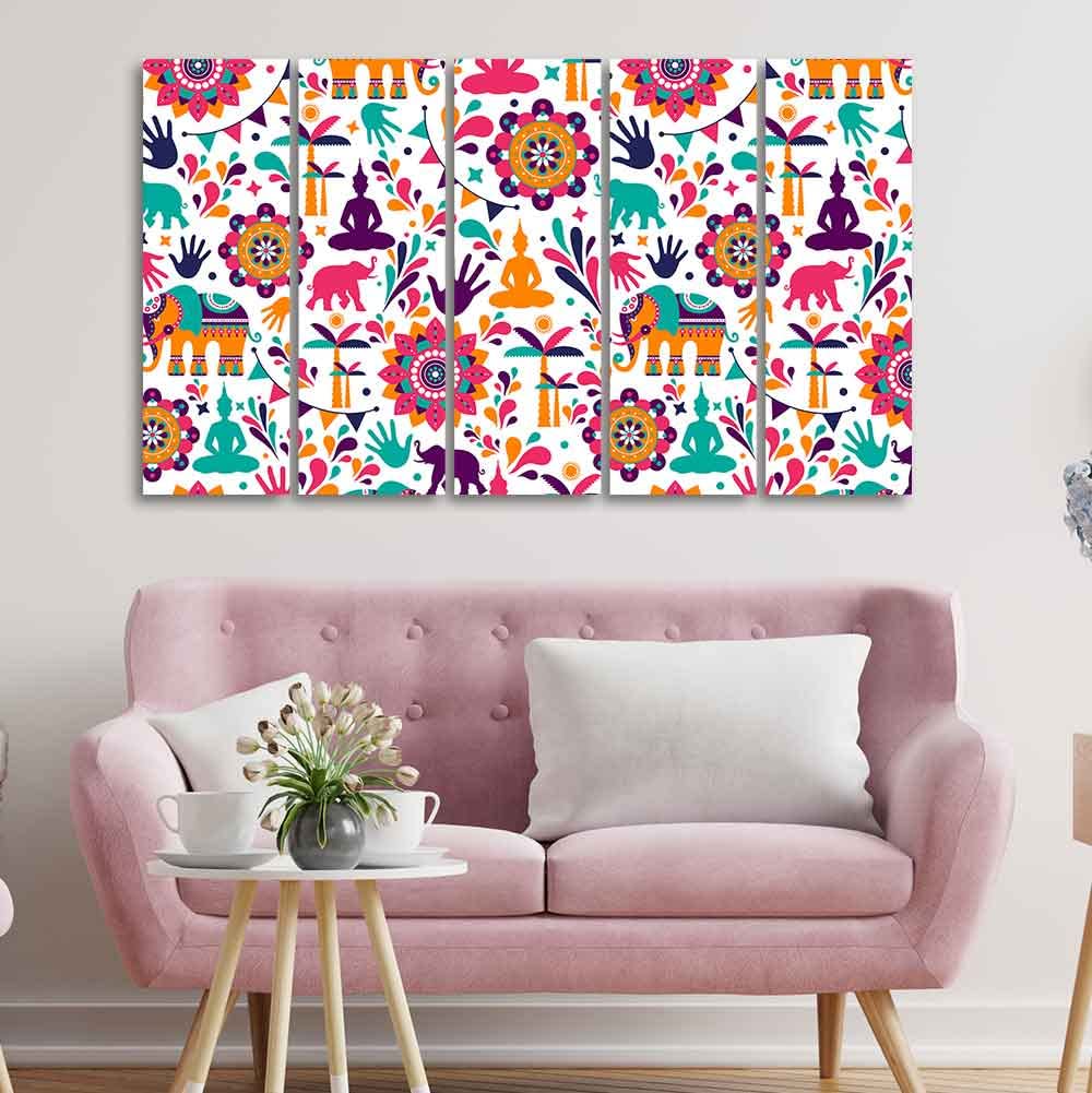 VIBECRAFTS Beautiful Madhubani Art Canvas Wall Painting Set of Five For Home|Office|Living Room|Gift (PTVC5Pcs4_8574N)