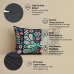 STITCHNEST Folk Art Satin Cushion Covers Peacock & Botanical Motif, 12x18 Inches, Decorative Set for Living Room (Pack of 2)