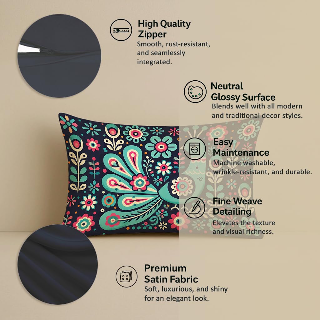 STITCHNEST Folk Art Satin Cushion Covers Peacock & Botanical Motif, 12x18 Inches, Decorative Set for Living Room (Pack of 2)