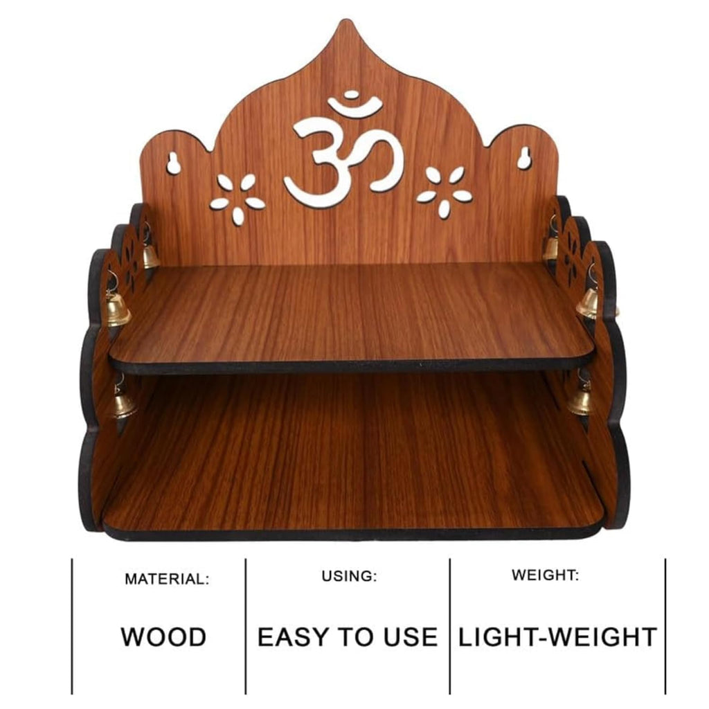 FLYUP Wooden Mandir for Home Pooja | Wall & Tabletop Temple with Om Floral Cutout | Solid Wood Finish Home Temple with Storage Shelf (Om Floral)