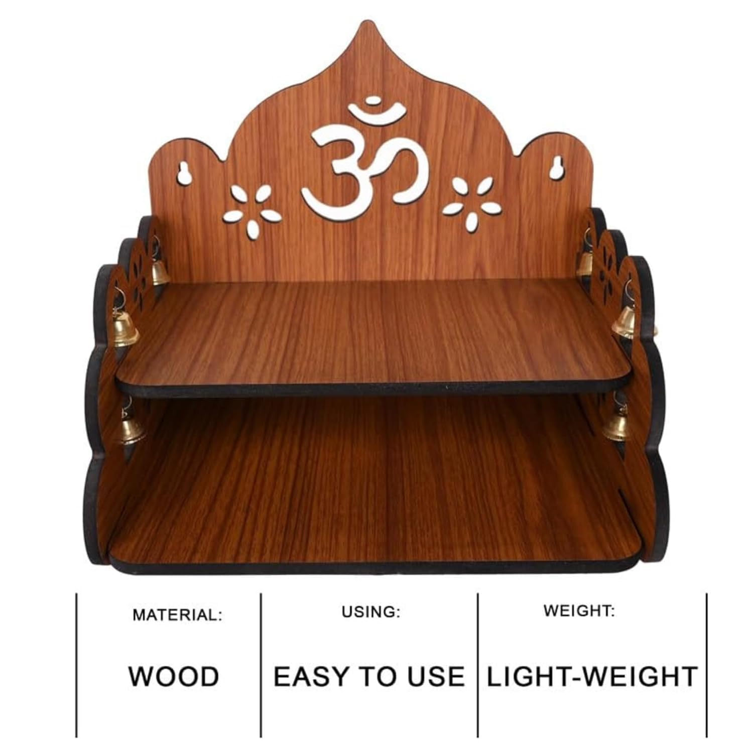 FLYUP Wooden Mandir for Home Pooja | Wall & Tabletop Temple with Om Floral Cutout | Solid Wood Finish Home Temple with Storage Shelf (Om Floral)
