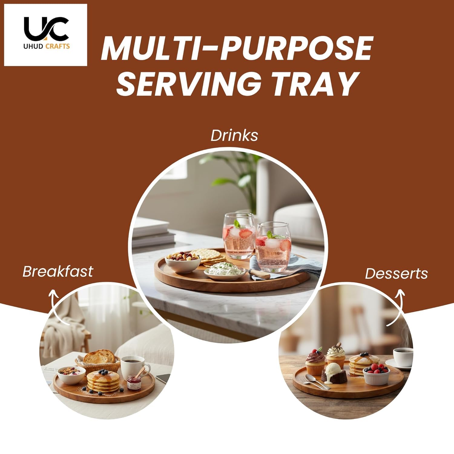UHUD CRAFTS Premium Wooden Round Serving Tray/Platter | Decorative Tray for Home Decor, Dining Table & Kitchen Decor | Circular Solid Wood Tray for Serving Tea, Coffee or Breakfast