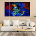 VIBECRAFTS Shree Krishna 5 Pieces Playing Flute Canvas Wall Painting For Home | Office | Living Room | Gift (PTVC5Pcs4_8508)