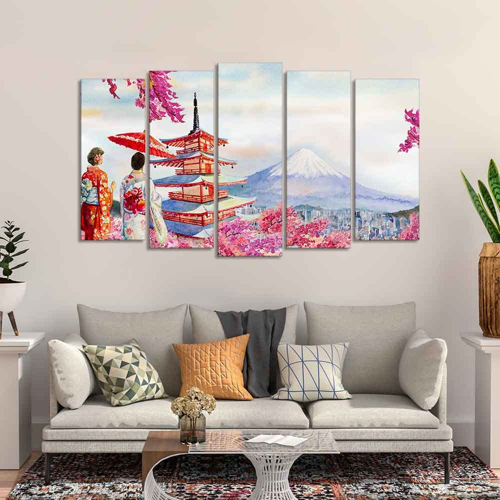 VIBECRAFTS Women in Kimono Canvas Wall Painting Set of Five For Home|Office|Living Room|Gift (PTVC5Pcs2_6546)