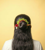 Handmade Crochet Flower Hair Bun Holder with Wooden Stick Pin, Green Floral Hair Accessory