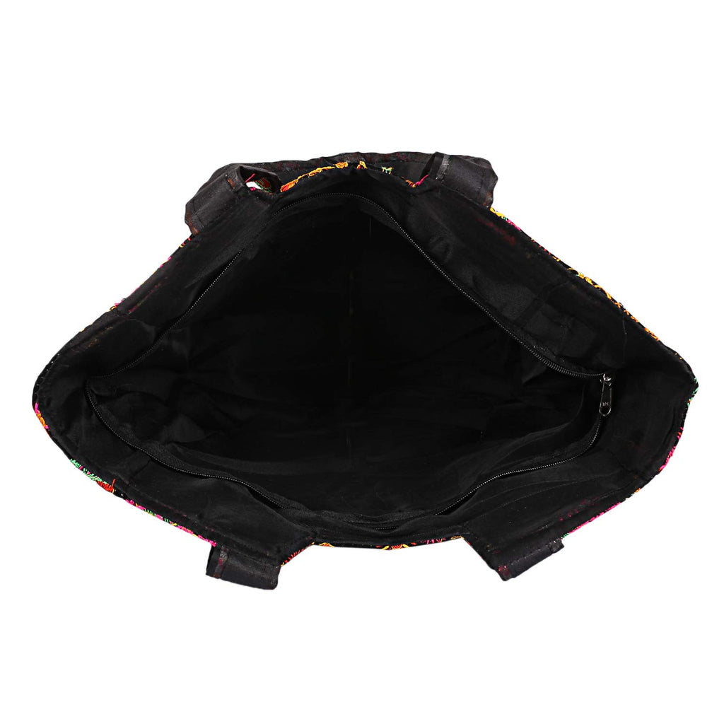 Craft Trade Women's Cotton Tote Bags with Zip 36x30x12 Cm Embriodery Mirror Work Leaf Print Shopping Handbag - Black