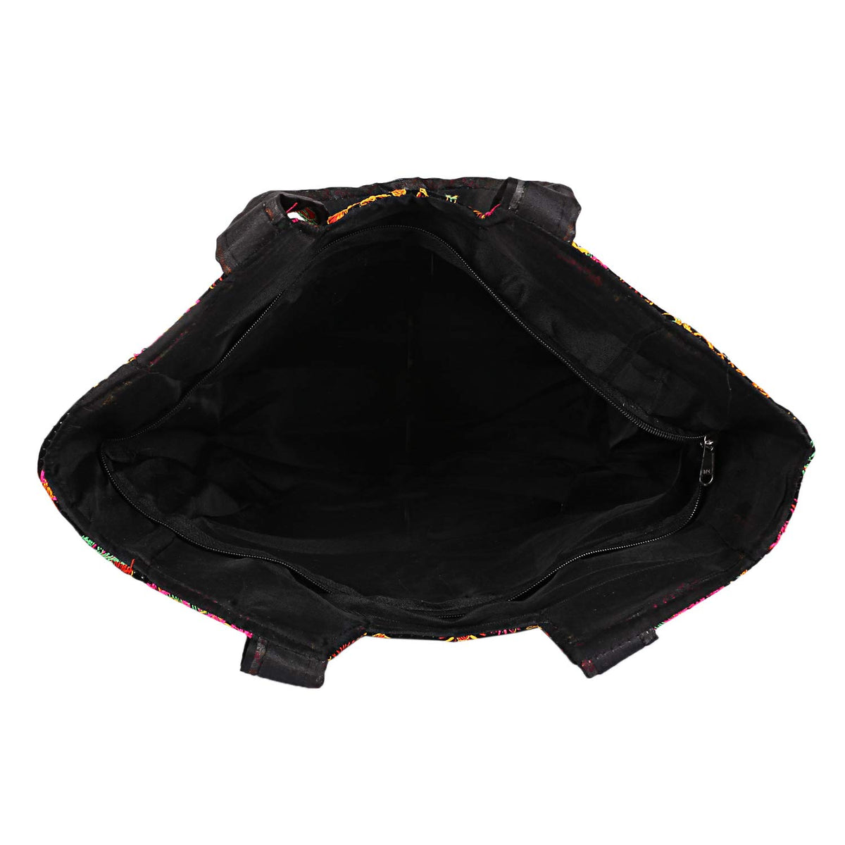 Craft Trade Women's Cotton Tote Bags with Zip 36x30x12 Cm Embriodery Mirror Work Leaf Print Shopping Handbag - Black