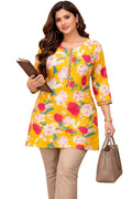 Women's Floral Printed Rayon Short Kurta, Yellow, Round Neck, 3/4 Sleeves, Casual & Office Wear (in, Alpha, 2XL, Regular)