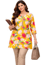Women's Floral Printed Rayon Short Kurta, Yellow, Round Neck, 3/4 Sleeves, Casual & Office Wear (in, Alpha, 2XL, Regular)