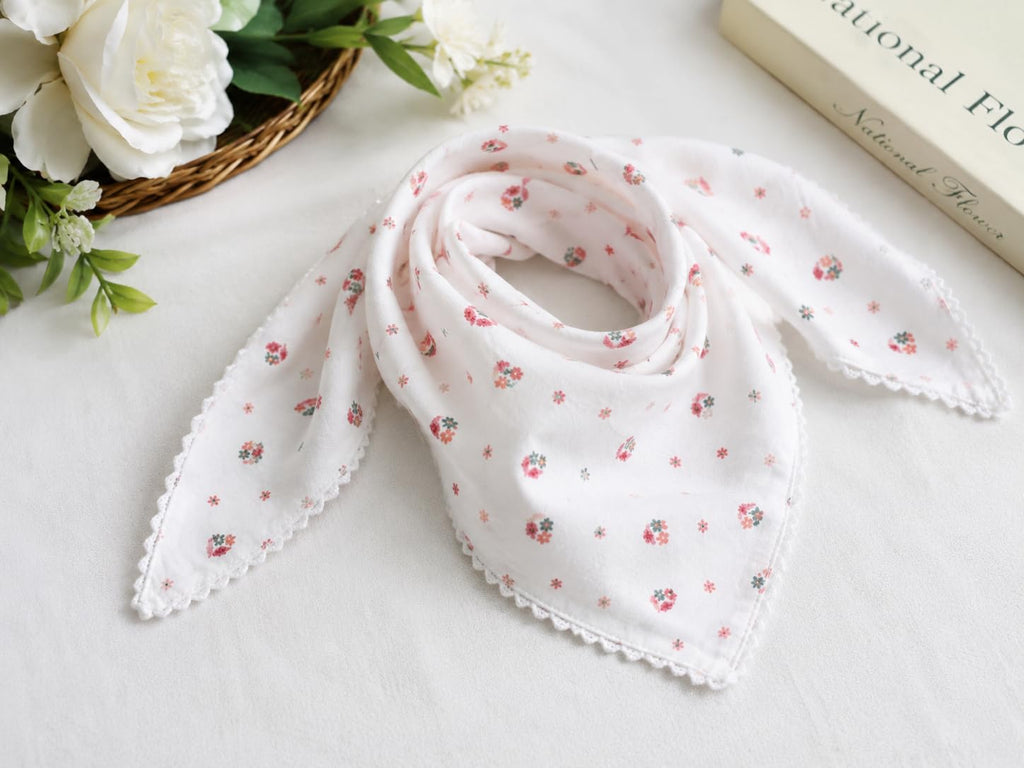 Floral Print Cotton Muslin Head Scarf with Lace Trim, White