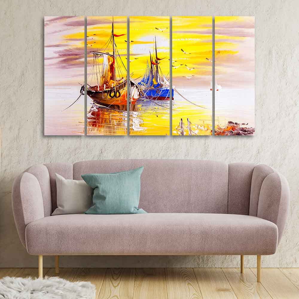 VIBECRAFTS Beautiful Scenery of Sailing Ship on the Ocean Five Pieces Wall Painting For Home|Office|Living Room|Gift (PTVC5Pcs4_8620)