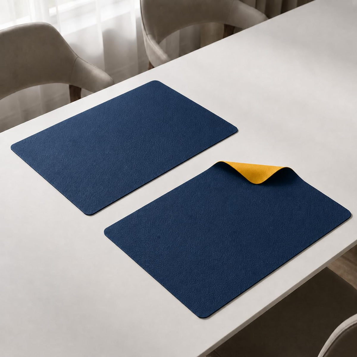The Table Tales Premium Double-Sided PU Leather Placemat Set of 2 | Reversible Waterproof Heat Resistant Table Mats | Kitchen Dining Accessories | 45 x 30 cm (Navy Blue & Yellow) Kafalo