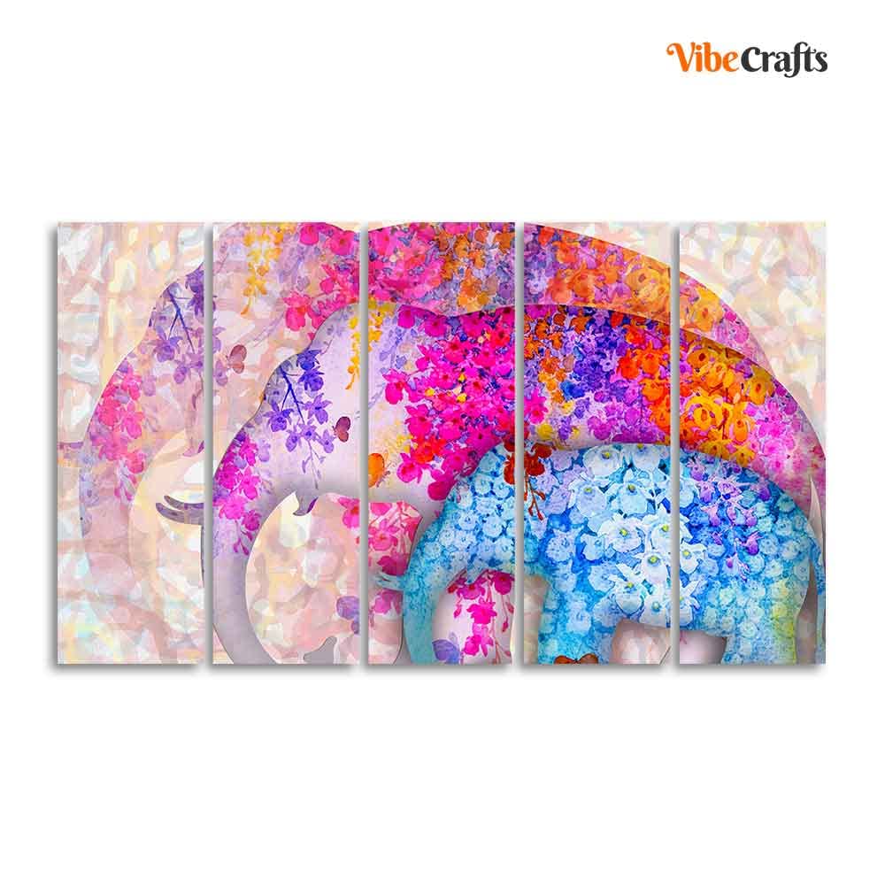 VIBECRAFTS Beautiful Three Art Elephant 5 Pieces Canvas Wall Painting For Home | Office | Living Room | Gift (PTVC5Pcs4_8523)