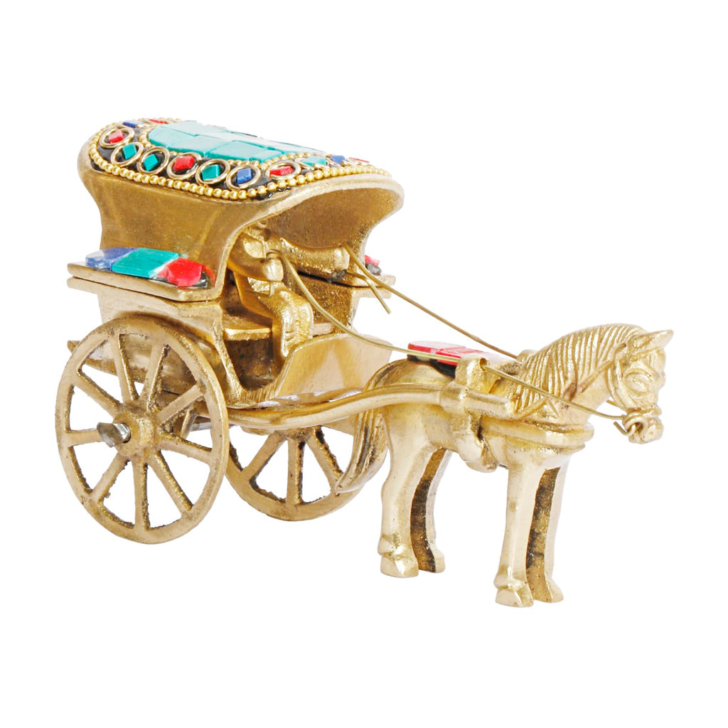 ARTVARKO Horse Cart Replica Brass Gemstone Handwork for Study Table Vastu Decor Fengshui Ashav Idol Murti Tanga Showpiece Statue 5.5 Inch