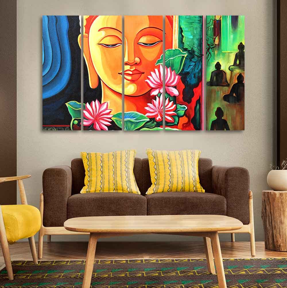 VIBECRAFTS Spiritual Gautam Buddha Wall Painting of Five Pieces For Home|Office|Living Room|Gift (PTVC5Pcs4_8699)