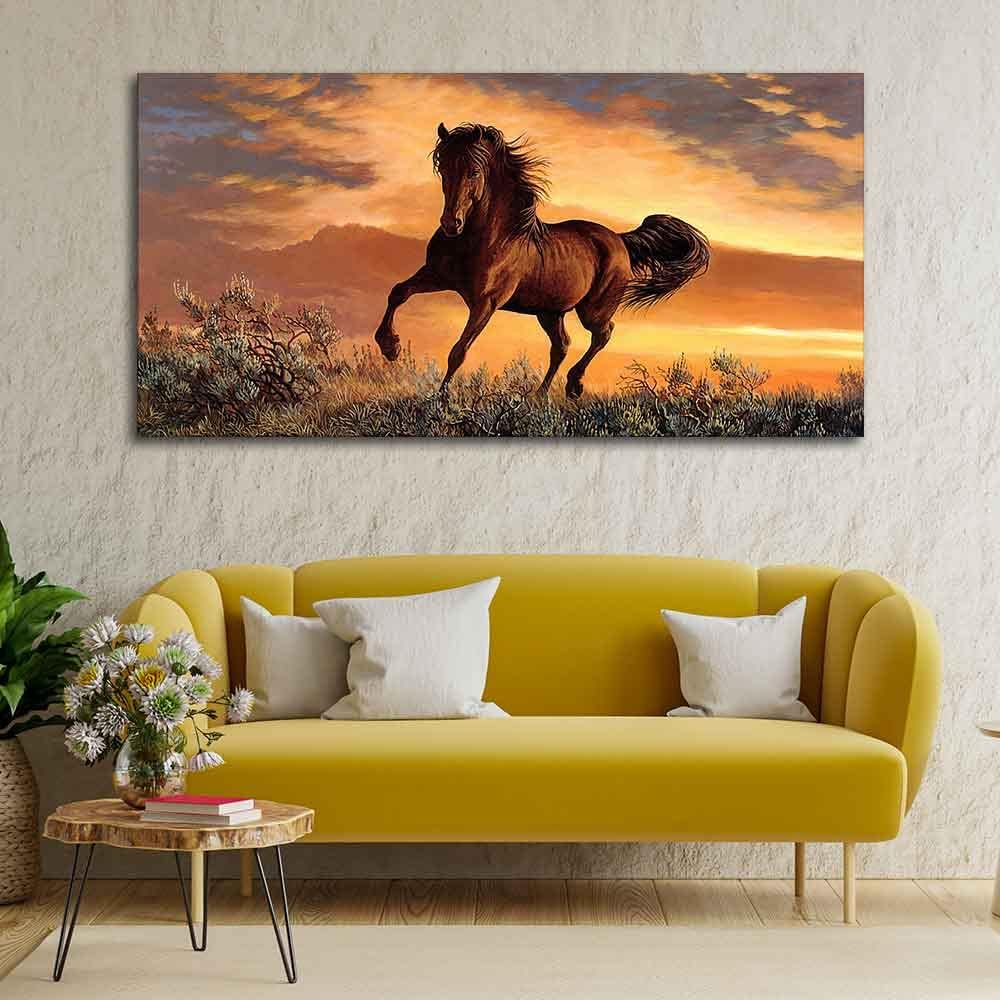 VIBECRAFTS Canvas Paintings for Living Room Drawing Room Brown horse In Sunset Wall Painting Fitted With Wooden Frame for Home | Office | Gift (PTVCH_2341N)