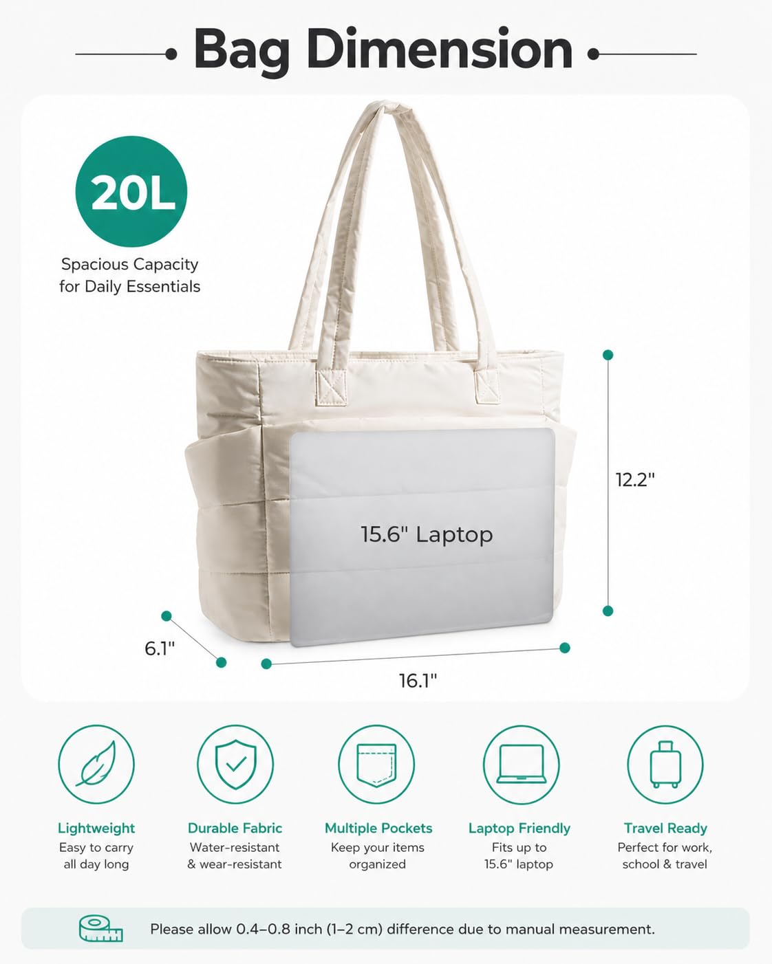 Tressential Puffer Tote Bag for Women, Lightweight, 20L Capacity with 15.6 inch Laptop Compartment, Side Pockets, Office, College and Travel (White)