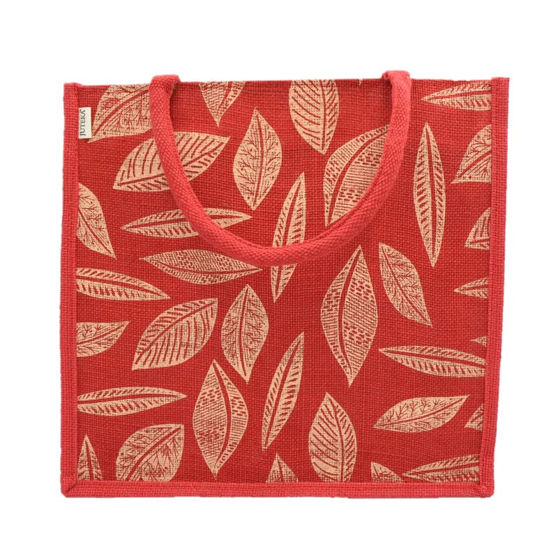 JUTEKA Unisex Printed Lunch, Office, Grocery, Picnic, Tote, Tiffin, Shopping, Jute Bag with Padded Cotton Handles,Red