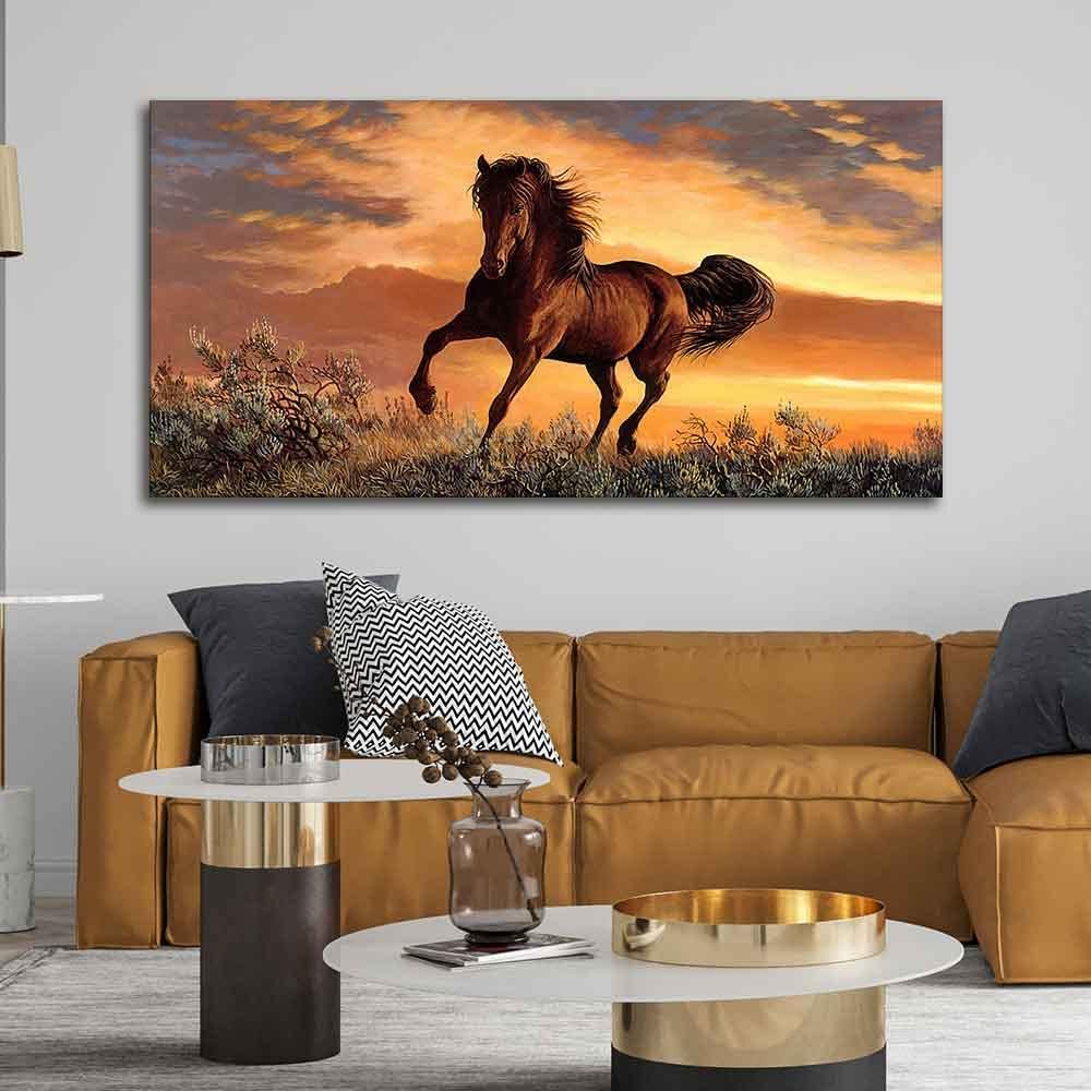 VIBECRAFTS Canvas Paintings for Living Room Drawing Room Brown horse In Sunset Wall Painting Fitted With Wooden Frame for Home | Office | Gift (PTVCH_2341N)