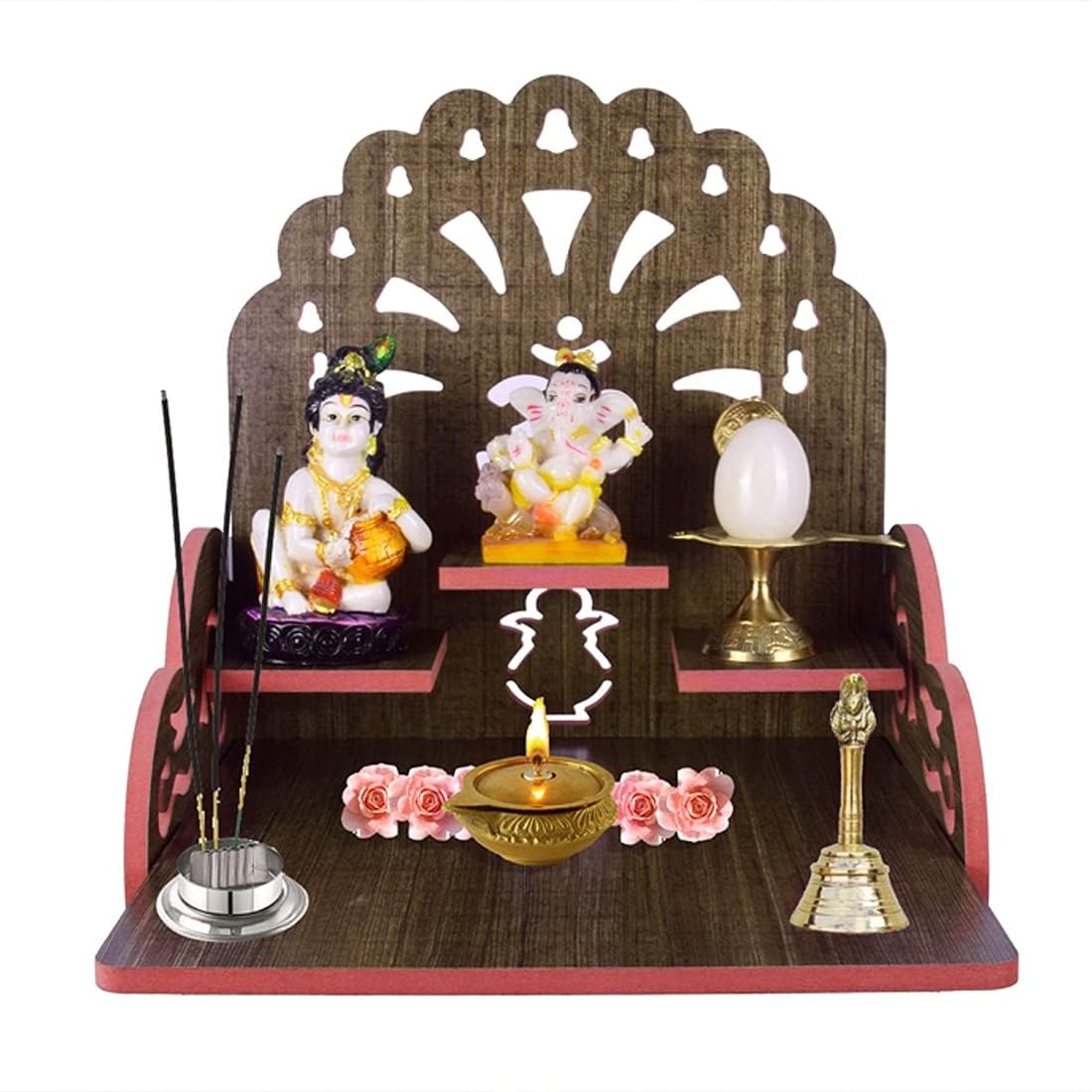 PRIMEFAIR Handmade Beautiful Wooden Temple/Puja Mandir/Wall Hanging and Table Top Home Art & Craft Engineered Wood Home Wall Temple (BROWN-395)