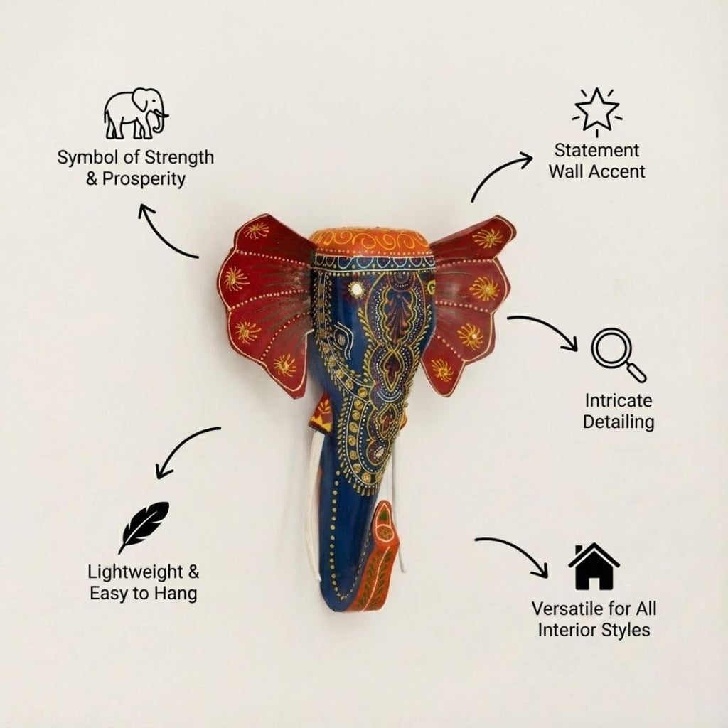 ATRANGI STUDIO Handpainted Wooden Elephant Wall Decor | Ethnic Wooden Wall Art | Symbol of Strength & Wisdom | Wall Hanging for Home, Corridor & Balcony | Ready to Hang | 11 Inch, Blue