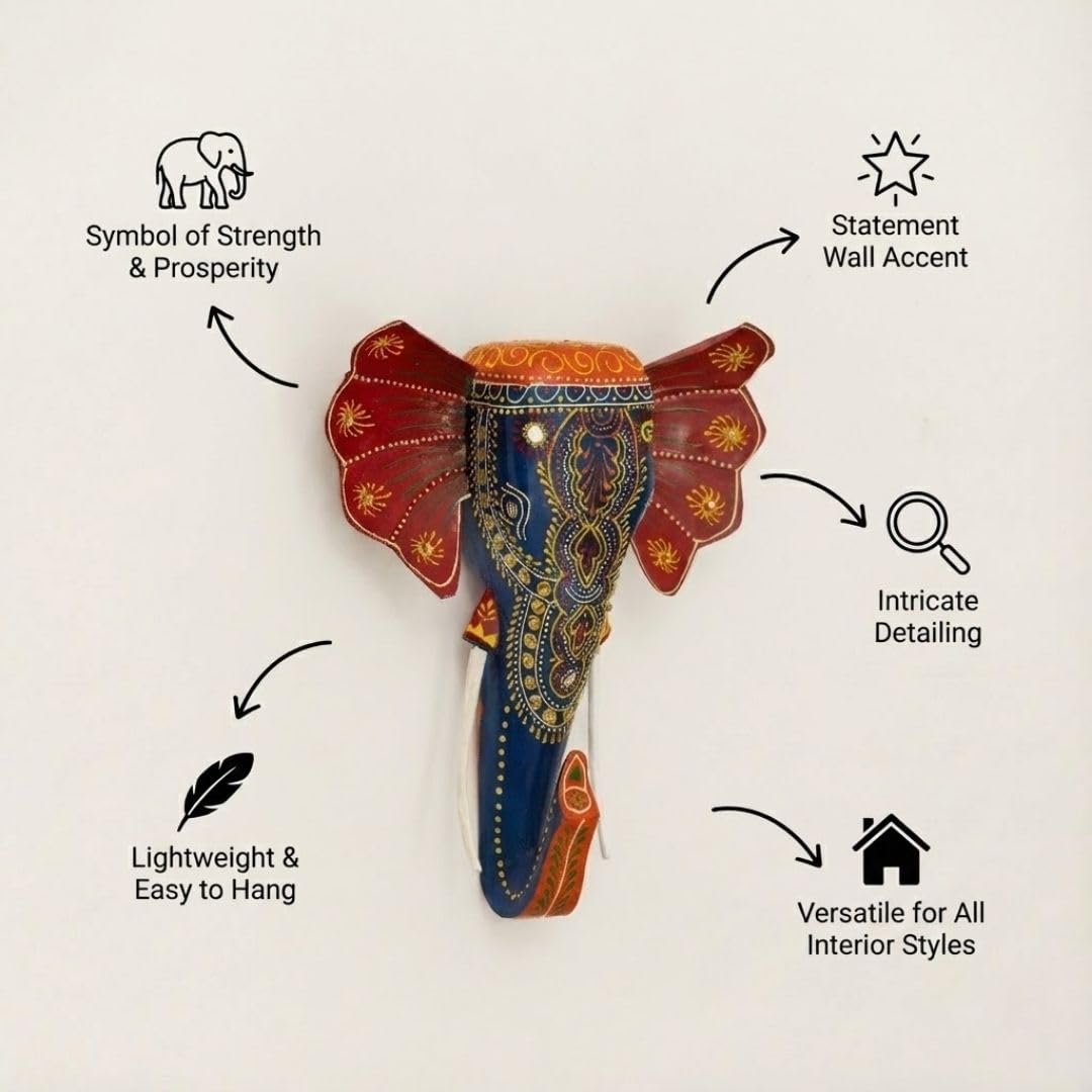 ATRANGI STUDIO Handpainted Wooden Elephant Wall Decor | Ethnic Wooden Wall Art | Symbol of Strength & Wisdom | Wall Hanging for Home, Corridor & Balcony | Ready to Hang | 11 Inch, Blue