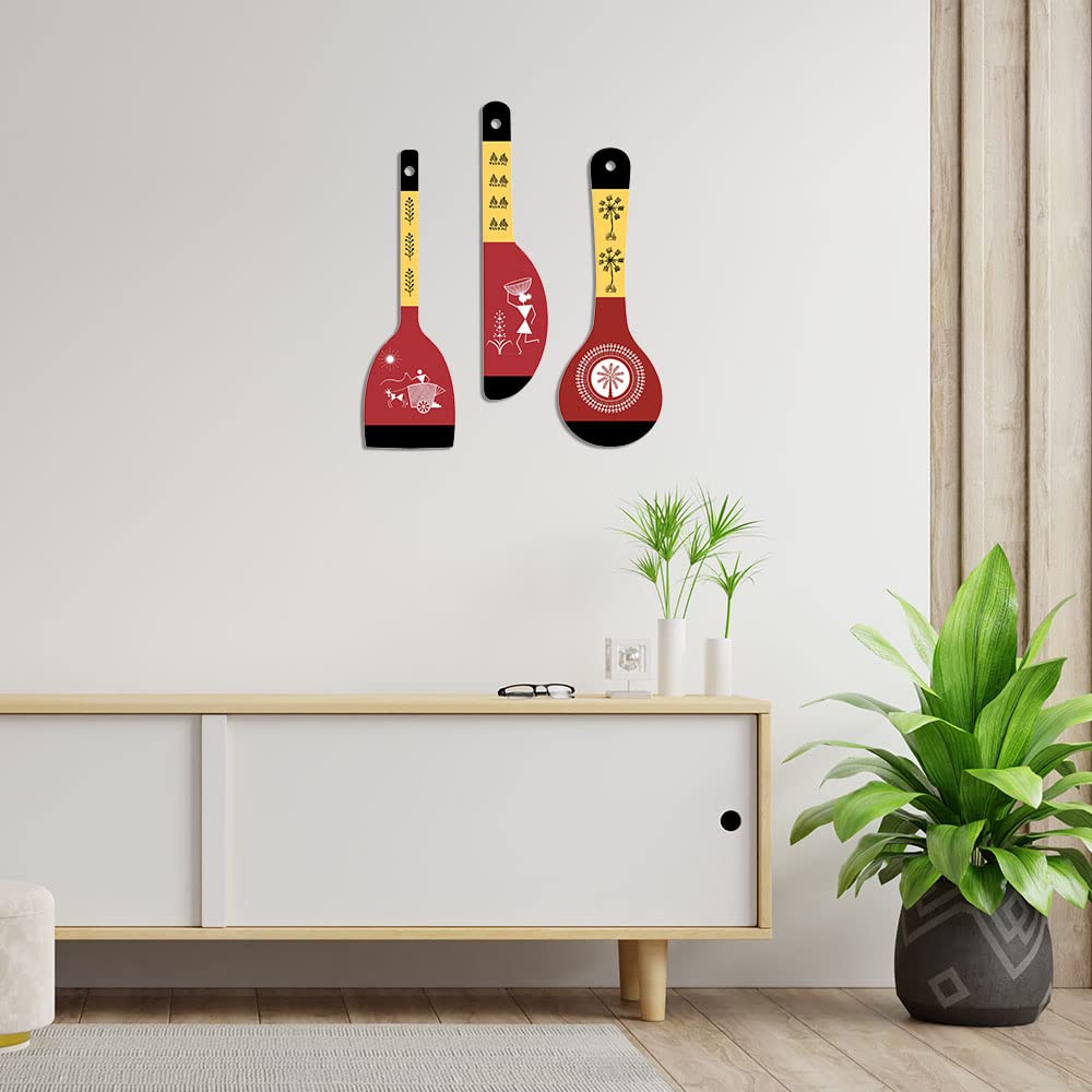 Artvibes Warli Art Wooden Wall Hanger for Home | Office | Living Room | Gift | Modern Decoration Items | Kitchen Wall Decor | Home Decor Hanging Items (WH_5016NN), Set of 3
