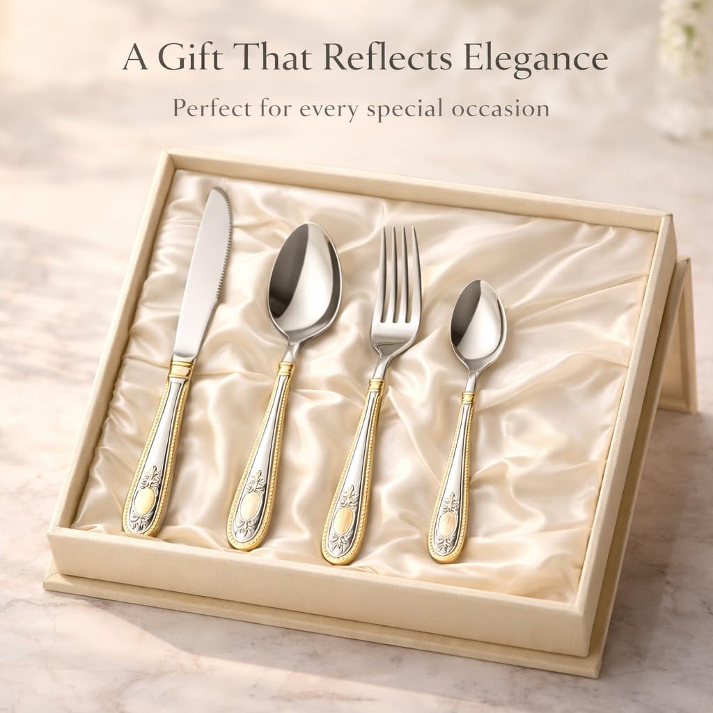 ANH MART Mirror Finish Silver Gold Plated Stainless Steel Flatware Set Copper Silverware Set Rose Gold Spoon Color Cutlery Set [Dinner Fork-Tea Spoon-Salad Spoon-Knife] Set of (Silver Gold, 36)