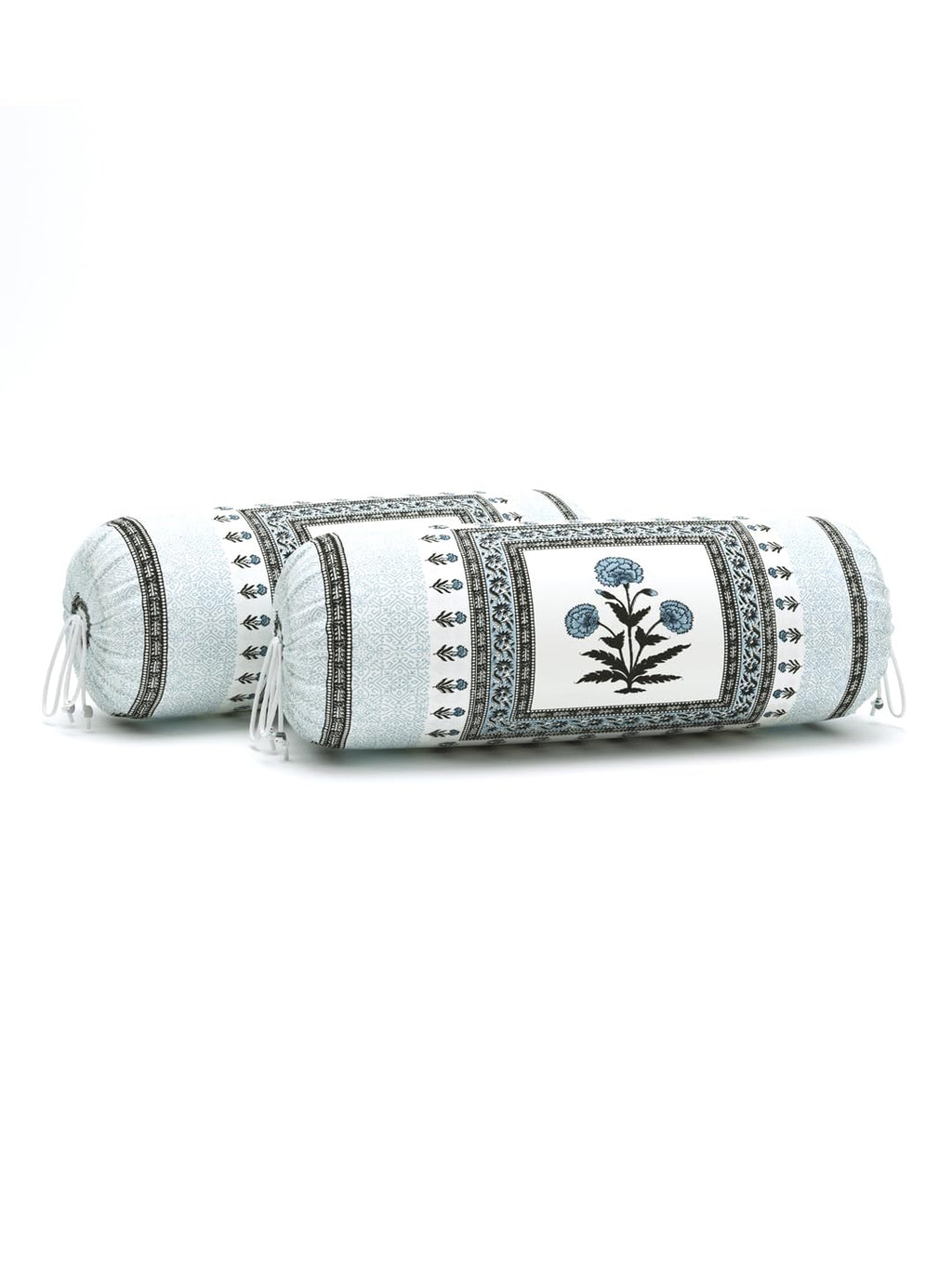 BLOCKS OF INDIA Cotton Hand Block Printed Bolster Cover | Booster Cover with Drawstring | Round Long Pillow Cover for Bed | Dewan Pillow Cover Set 16 X 32 | Set of 2 (Color 48)