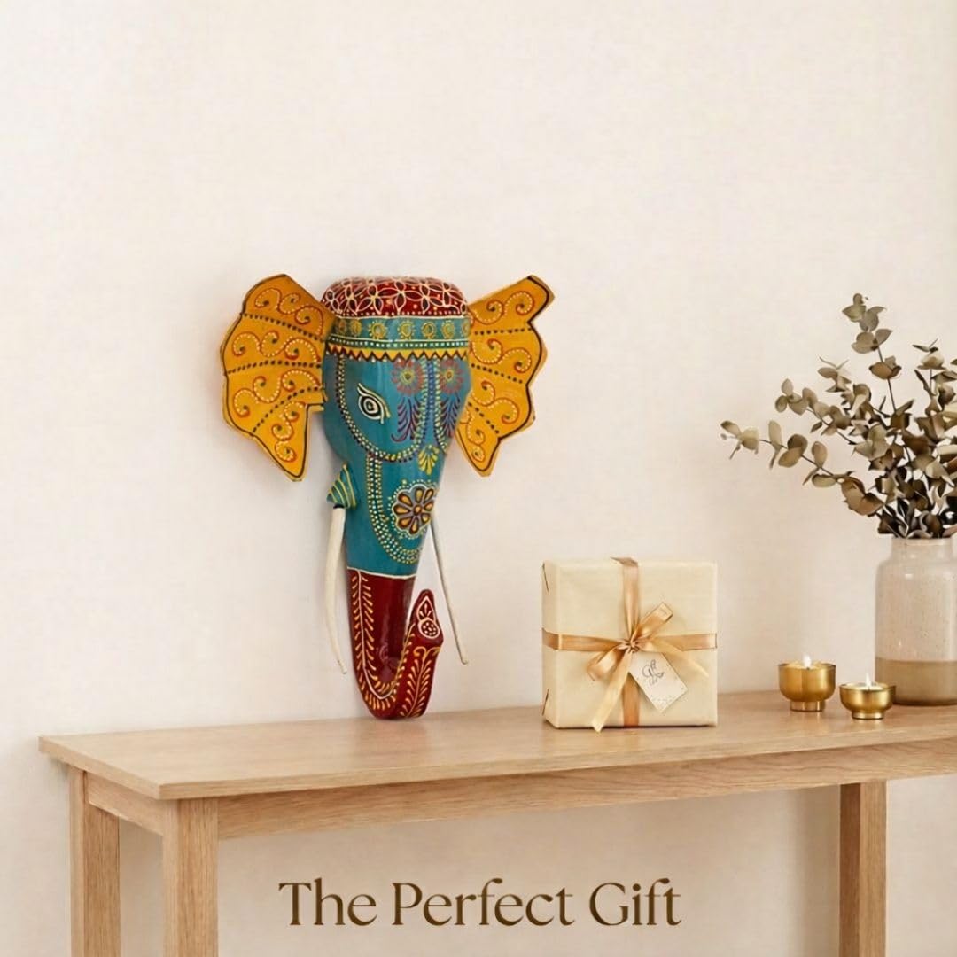 ATRANGI STUDIO Handpainted Wooden Elephant Wall Decor | Ethnic Wooden Wall Art | Symbol of Strength & Wisdom | Wall Hanging for Home, Corridor & Balcony | Ready to Hang | 11 Inch, Multicolor