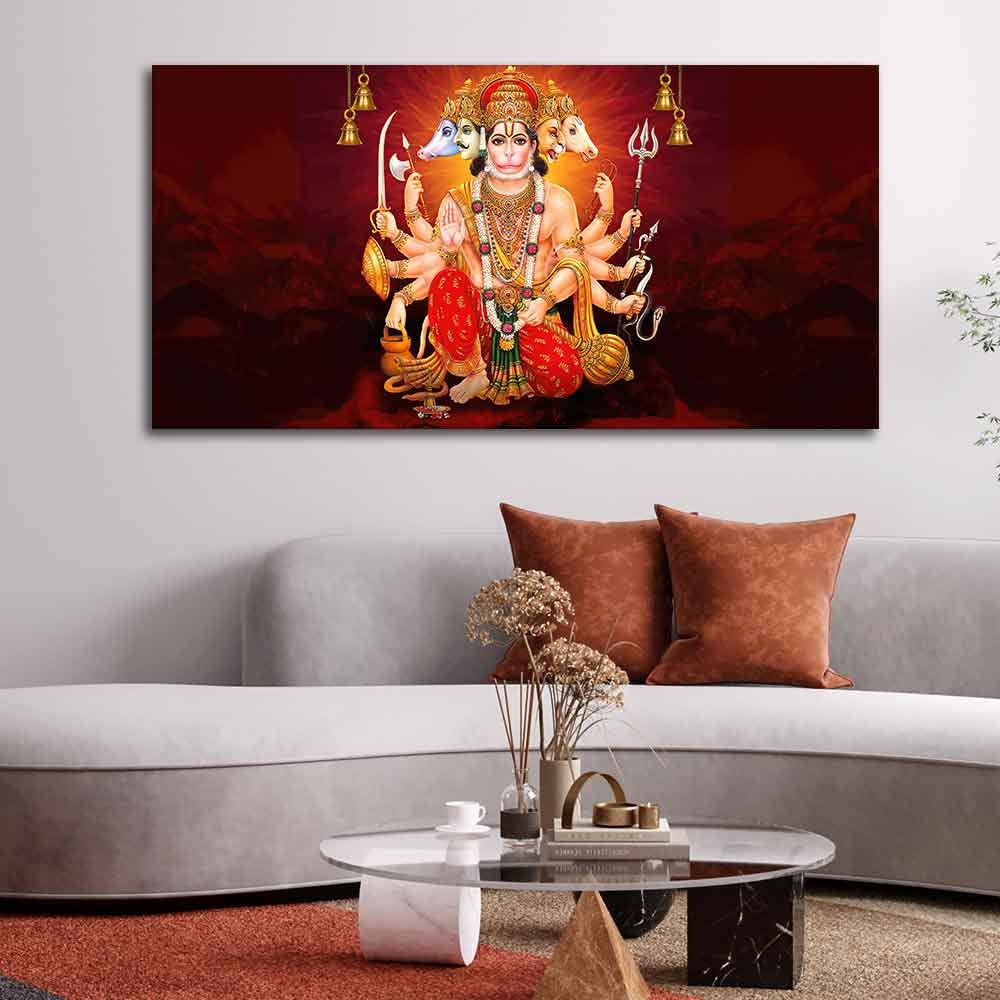 VIBECRAFTS Canvas Paintings for Living Room Drawing Room Panchmukhi Bajrangbali Canvas Wall Painting Fitted With Wooden Frame For Home | Office | Living Room | Gifts (PTVCH_2552)