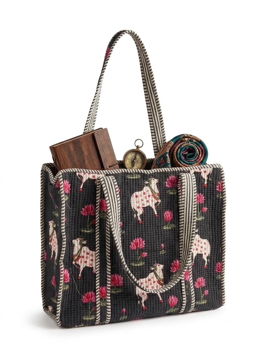 THE CURIO STREET Premium Cotton Tote Bag with Zip Closure I Quilted I Hand Block I Women's Shopping/College/Office/Everyday Bag, Shoulder Bag, 16x16 (Pichwai Art Print; Black)