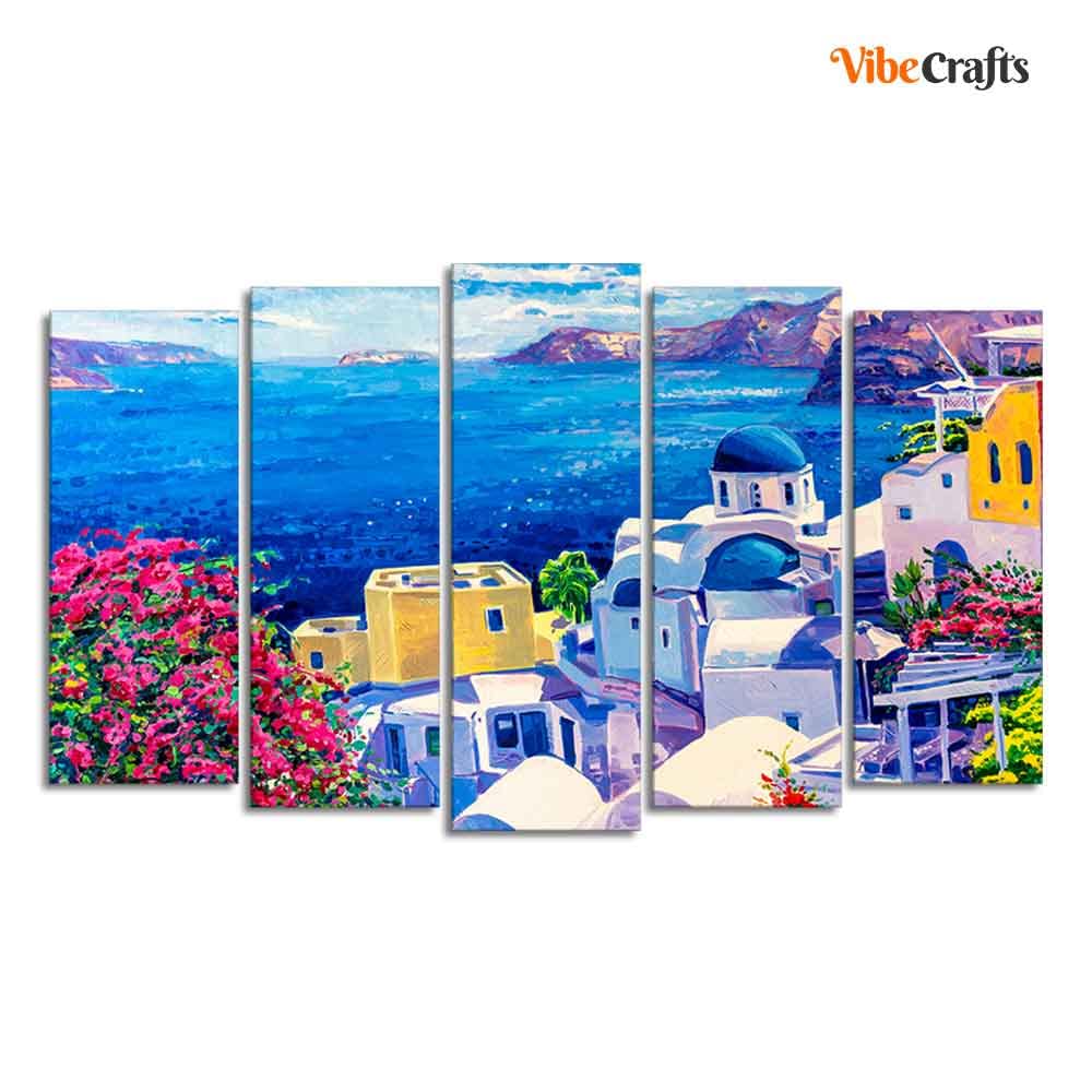 VIBECRAFTS Premium Canvas Wall Painting of Greek Scenery of Five Pieces Set For Home|Office|Living Room|Gift (PTVC5Pcs2_6631)