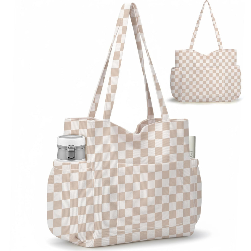 ZippyLiva Corduroy Tote Bag for College Girls, Light Khaki Checkerboard