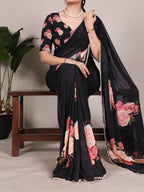 Femori Women's Georgette Floral Printed Saree, Aqua Blue with Pearl Border Detailing, Lightweight and Breathable (BLACK)