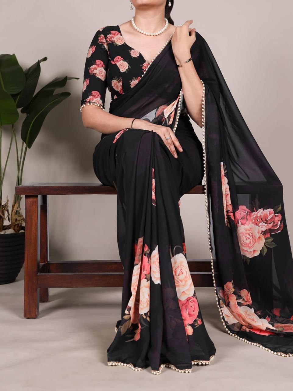 Femori Women's Georgette Floral Printed Saree, Aqua Blue with Pearl Border Detailing, Lightweight and Breathable (BLACK)