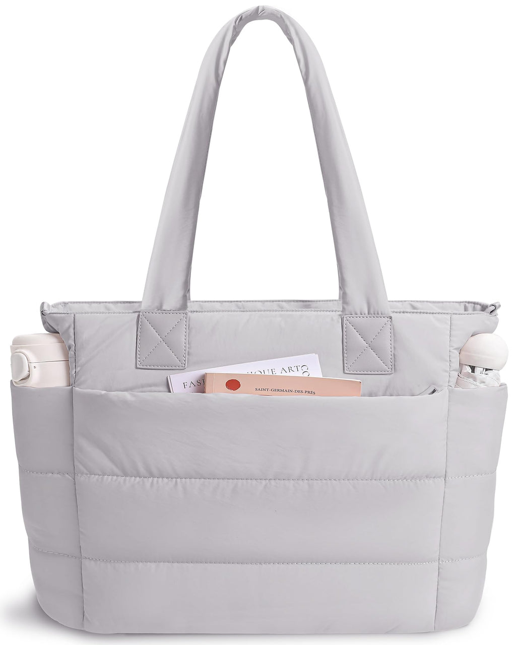 Puffer Tote Bag for Women Quilted Nurse Bag Lightweight Work Bag for Teacher Travel Handbag with Multiple Pockets, Light Gray, Large