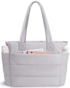Puffer Tote Bag for Women Quilted Nurse Bag Lightweight Work Bag for Teacher Travel Handbag with Multiple Pockets, Light Gray, Large