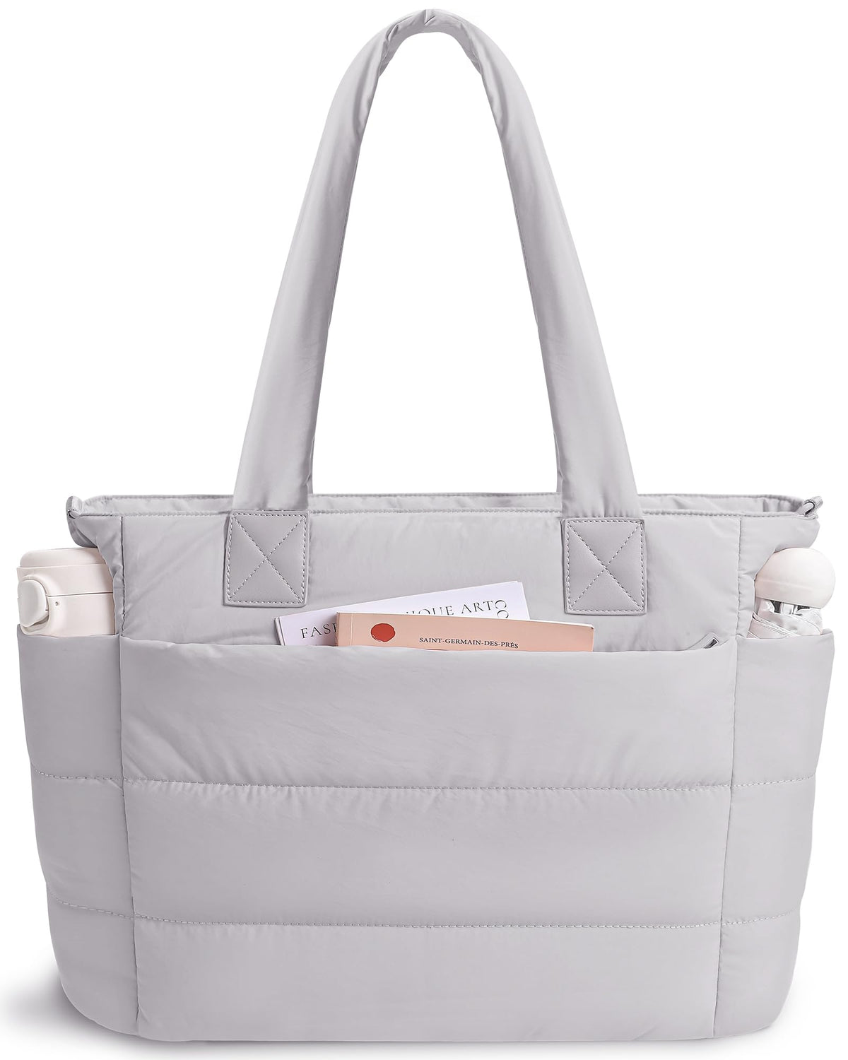 Puffer Tote Bag for Women Quilted Nurse Bag Lightweight Work Bag for Teacher Travel Handbag with Multiple Pockets, Light Gray, Large
