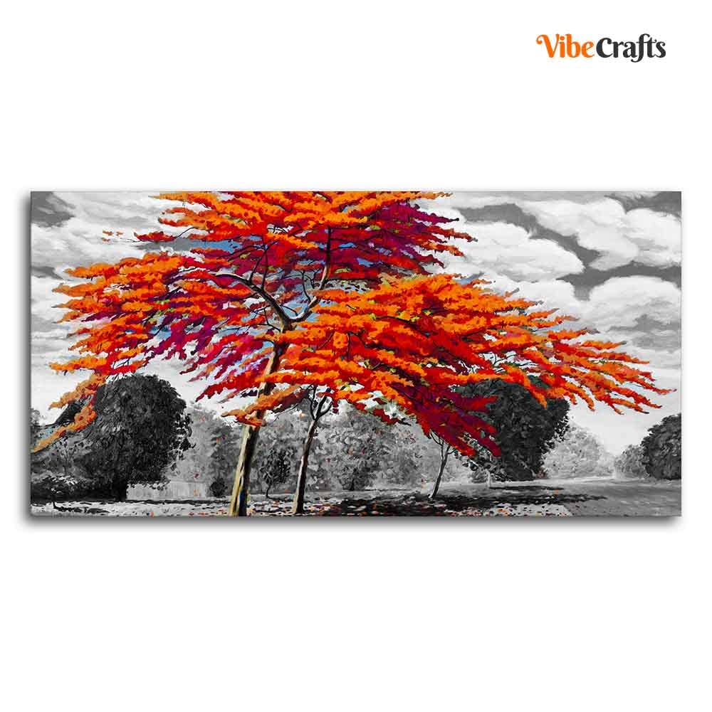 VIBECRAFTS Canvas Paintings for Living Room Drawing Room Orange Color Peacock Flowers Tree Premium Wall Painting Fitted with Wooden Frame for Home|Office|Gift(PTVCH_2268N)(48 x 24 Inches)
