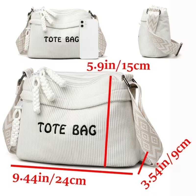 Street27 Women’s Premium Corduroy Tote Bag with Adjustable Wide Strap, Multi-Pocket Crossbody & Shoulder Handbag, Lightweight Everyday Carry with Secure Zipper Closure | (Beige)