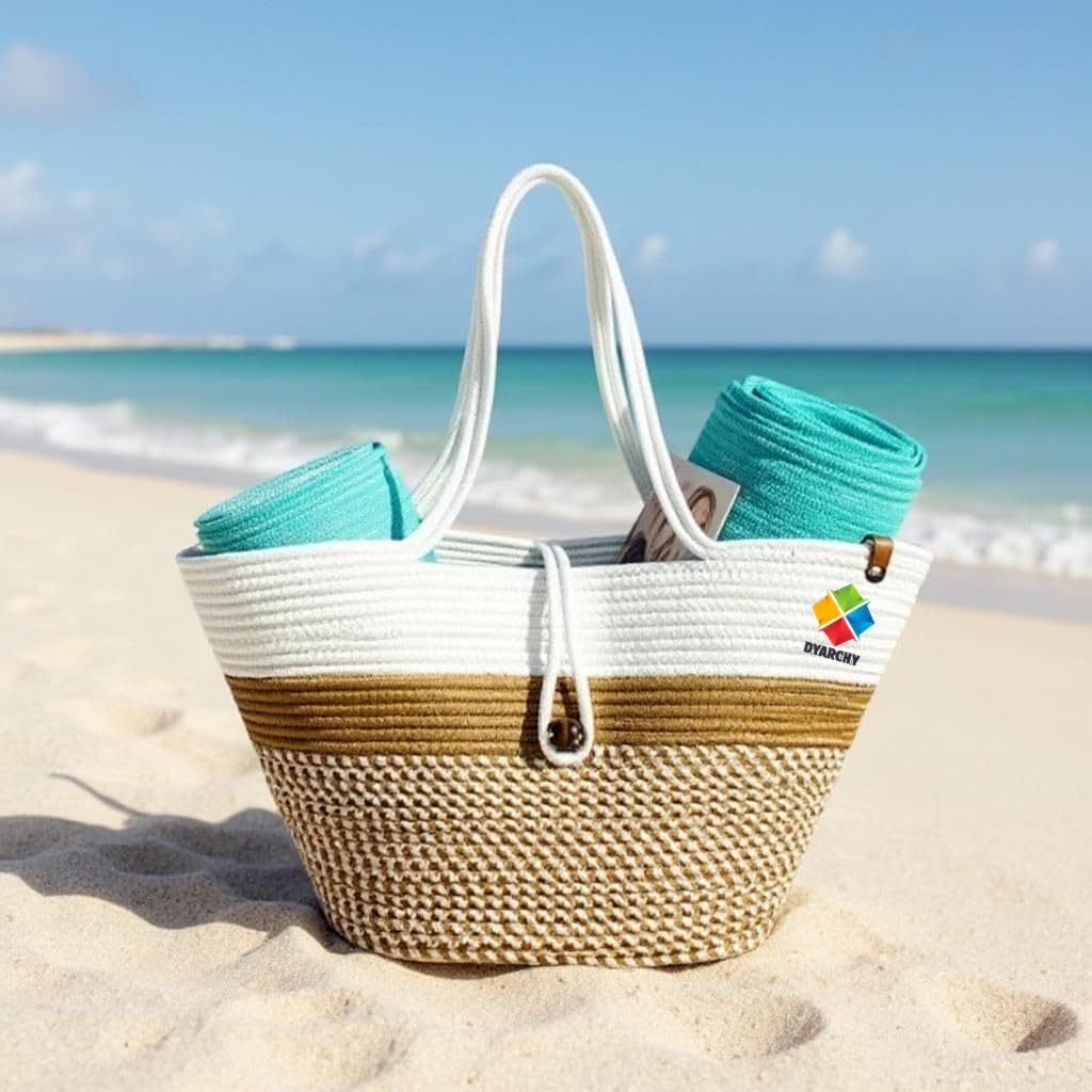 DYARCHY Woven Straw Beach Tote Bag, Cotton Rope Handle with Button Closure (BEIGE BROWN WHITE)