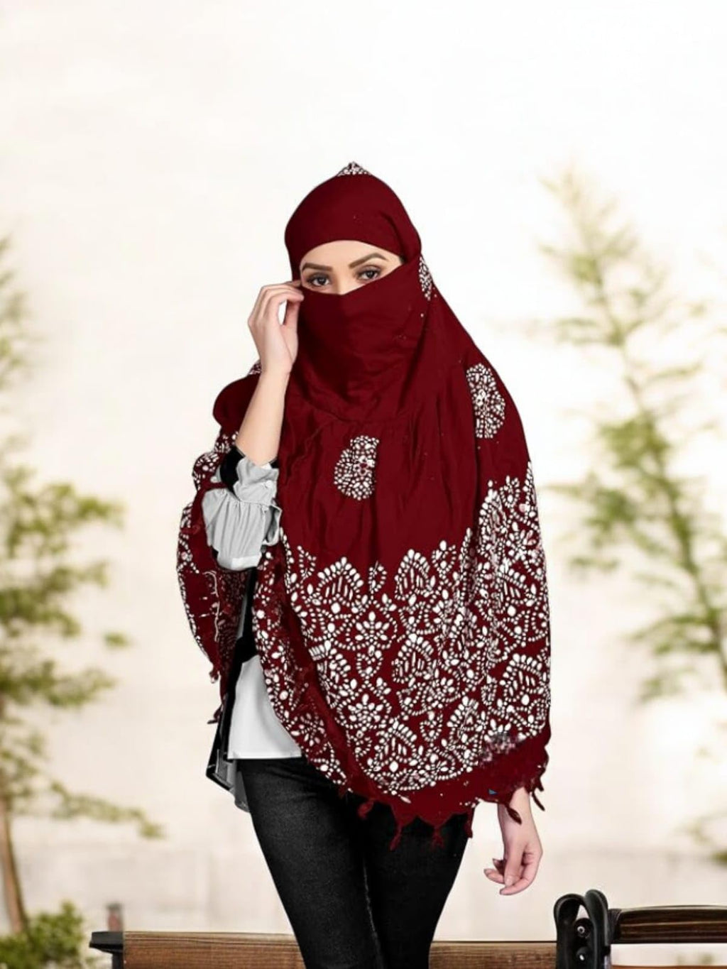 HETVIN Cotton Long Scarf Cum Mask Scarves Usable for Vehicle Driver | White Printed Design Fabric | Universal Size | Soft & Breathable Sun Protection | For Girl & Women (Wax Batik - Maroon)