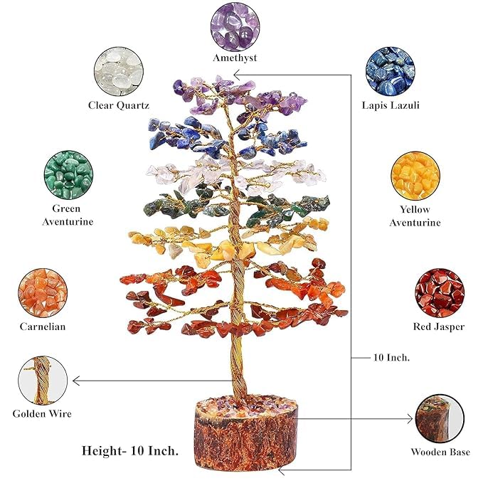 TREE MAISON CORONATING HOMES Crystal Seven Chakra Tree | Size 9-10 Inch Approx | 100 Beads | Multicolor Golden Wire Bonsai Money Tree with Crystals & Gemstones | Perfect Home Décor & Gift Item |